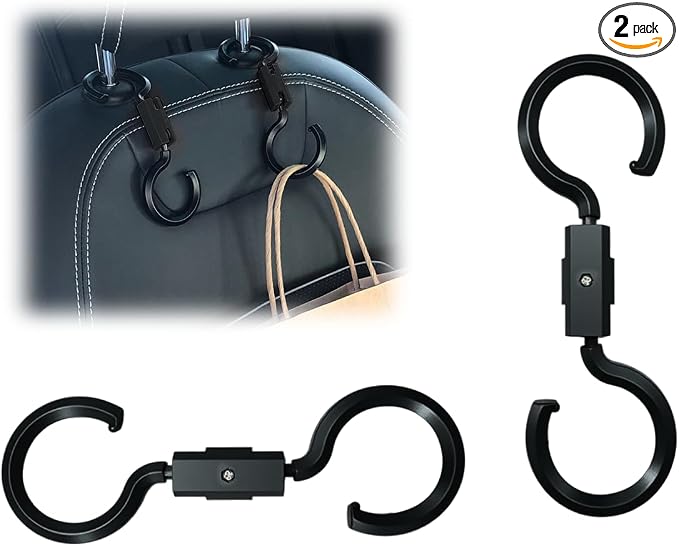 YoRise 2PCS S-Style Car Back Seat Headrest Hook, 360° Rotation Auto Seat Storage Hanger, Universal Vehicle Interior Organizer Accessories for Purse, Handbag, Coat, Umbrella, Grocery Bag (Black)