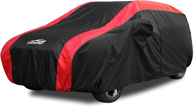 Full Exterior Covers for Waterproof Protection with Red Stripe Design,SUV Car Covers for Automobiles Universal Fit Nissan Kicks, Benz GLA, BMW X1 X2, Cadillac XT4, Ford Escape, Juguar E-PACE