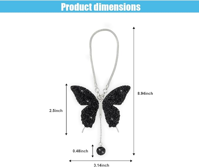 JOYCOURT Bling Butterfly Diamond Car Hanging Accessories for Women, Black | Crystal Butterfly Rear View Mirror Luck Car Decoration Accessories, Valentine's Day Presents Ornament Pendant for All Cars