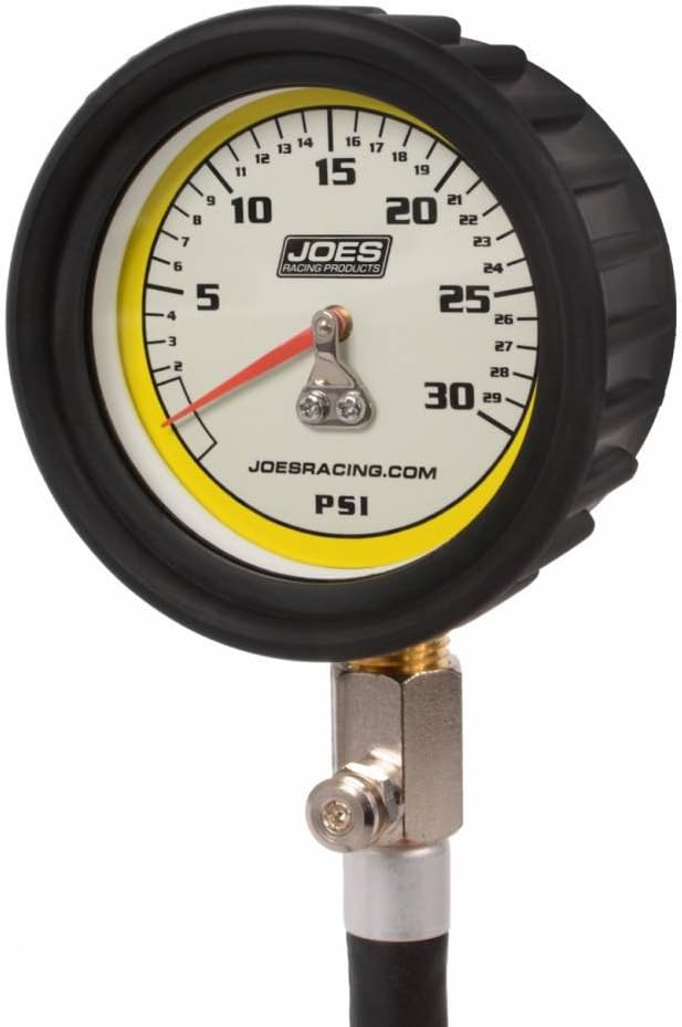 Joes Racing Products 32316 Tire Pressure Gauge, Pro Tire, Glow in The Dark, 0-30 psi, Analog, 2-1/2 in Diameter, White Face, 1 lb. Increments, Each , BLACK