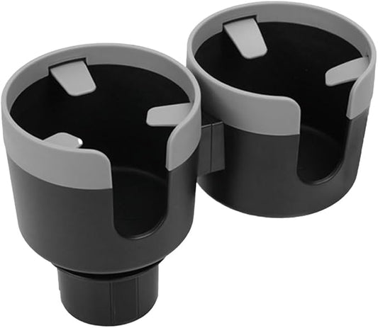 Car Double Cup Holder Extender, 2-in-1 Car Cup Holder Adapter with Adjustable Base, Universal Multifunctional Cup Holder Organizer for Beverage, Snack, Cup, Bottle Storage (Grey)
