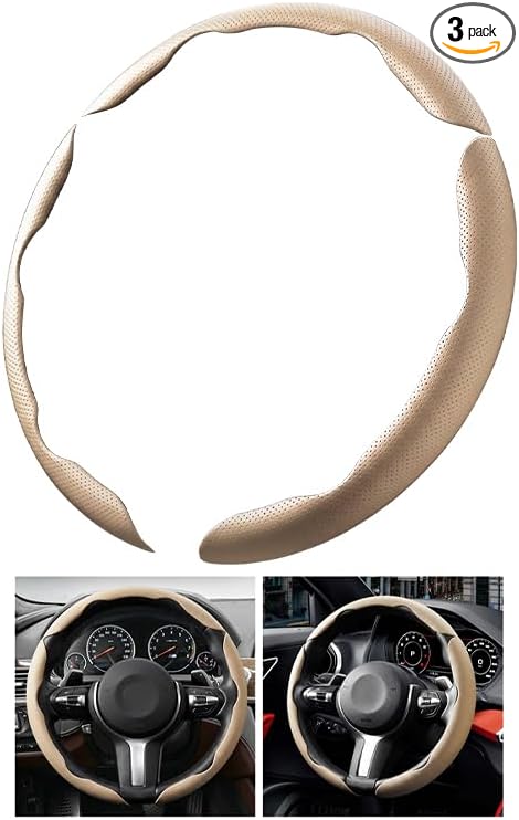 3PCS Car Steering Wheel Cover, 14.5-15" Breathable Nappa Leather Segmented Steering Wheel Protector with Non-Slip Grip, Stylish Auto Interior Decor Accessories, Universal for Vehicles (Beige)