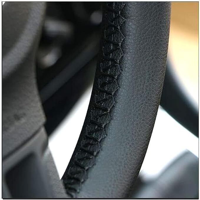 AUTOXBERT 38cm/15 Inch Leather Steering Wheel Cover Stitch On Wrap, Black | Breathable, Anti-Slip Steering Wheel Cover for Nissan Qashqai Toyota Camry RAV4 VW Golf