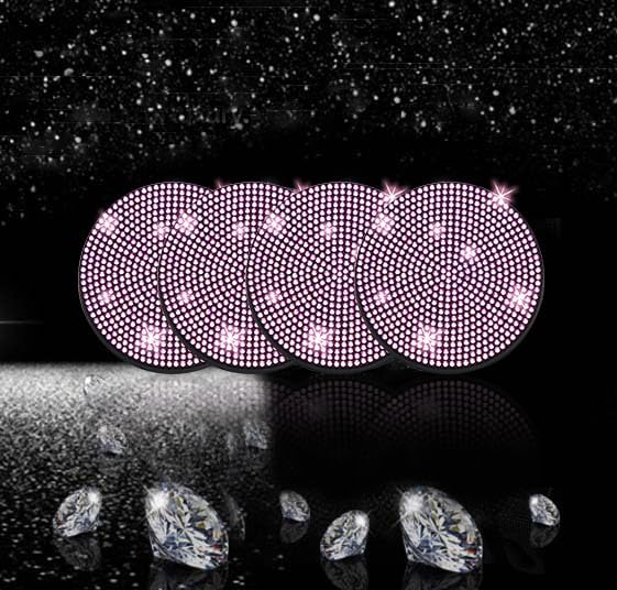 NBTEPEM 4pcs Bling Car Cup Holder Coaster, 2.75 inch Anti-Slip Shockproof Universal Fashion Car Coasters Insert Bling Crystal Rhinestone Automotive Interior Accessories for Women (Pink)