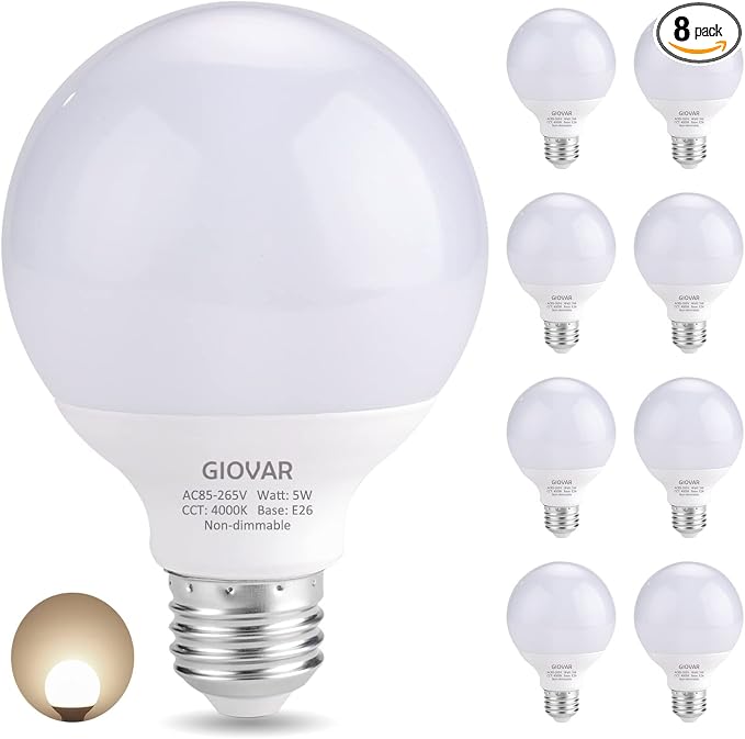 8-Pack LED Bathroom Light Bulbs, 4000K Natural White Night Light Bulb, Non Dimmable Makeup Mirror Lights for Bedroom, E26 Medium Screw Base