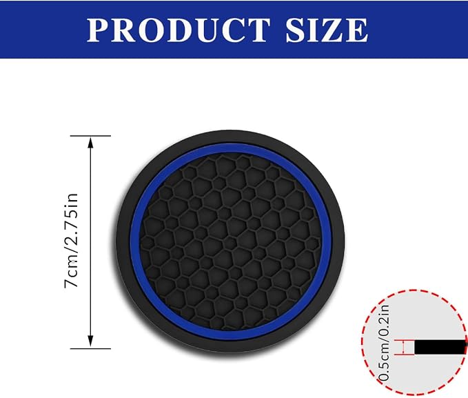 Car Cup Holder Coasters, Dustproof Automotive Interior Accessories Mat,2.75 Inch Non-Slip Insert Water Bottle Holder Pads, Universal for Vehicles, Trucks, RVs and More (Black/Blue, 4PCS)