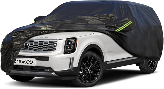 KouKou Waterproof SUV Car Cover Suitable for Kia Telluride from 2016 to 2025, 7 Layers Windproof All Weather Waterproof Outdoor Cover Sun Rain UV Dust Snow Protection. Black