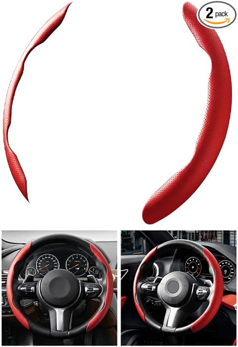 2PCS Car Steering Wheel Cover, 14.5-15" Breathable Nappa Leather Segmented Steering Wheel Protector with Non-Slip Grip, Stylish Auto Interior Decor Accessories, Universal for Vehicles (Red)
