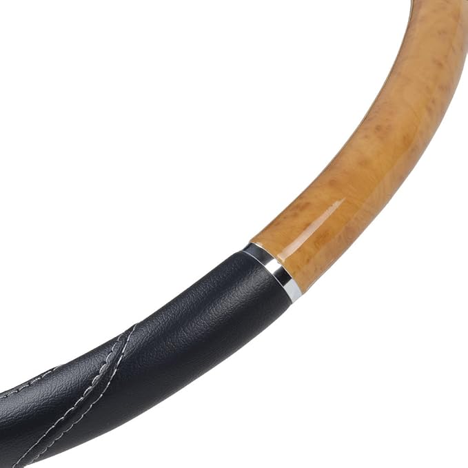 BDK Motor Trend Ergonomic Heavy Duty Large Steering Wheel Cover for Trucks Big Rigs Bus 18" Inch Large Steering Wheel, Light Wood with Black Leather Grip, Improve Grip Anti-Fatigue for Long Drives