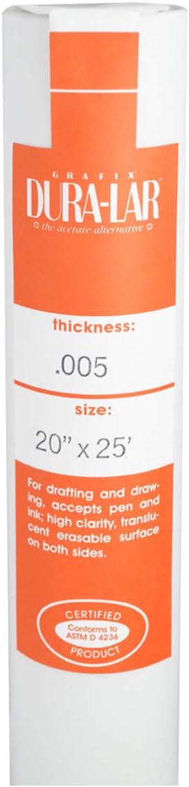 Grafix Dura-Lar 0.005" Film, Matte, Translucent 20" x25', Economical Alternative to Drafting Film, Mylar and Acetate, Translucent Drawing Surface for Lead, Ink, Charcoal and Paint, Roll