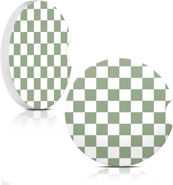 Sage Green Checkerd Car Coasters for Cup Holder Absorbent Ceramic Cup Coaster 2 Pack Anti Slip Car Interior Accessories with Finger Notch Cork Base for Women Men 2.56"