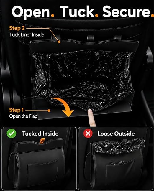 COZILO Leather Car Trash Can, Leak-Proof Odor-Lock Car Garbage Can with 60 Liners, Magnetic Closure & Liner-Hold, Storage Pocket, Metal Hooks, Hanging Car Trash Bin for SUV Sedan Truck, Black