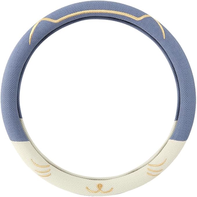 38cm Car Steering Wheel Cover, Universal 15 inch, Microfiber Breathable Ice Silk, Anti-Slip, Odorless, Easy to Install, Blue and White Contrast Design, Cute Cat for Girls, Ladies, Women