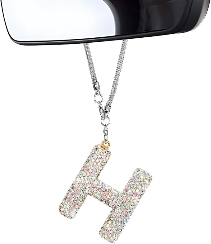 DXNQ Bling Initial Car Rear View Mirror Ornament, Crystal Sparkling Cute Letter Charm Pendant Auto Decor, Hanging Lucky Diamond Initial Charm Car Mirror Bag Ornament for Girl Women (Letter H)