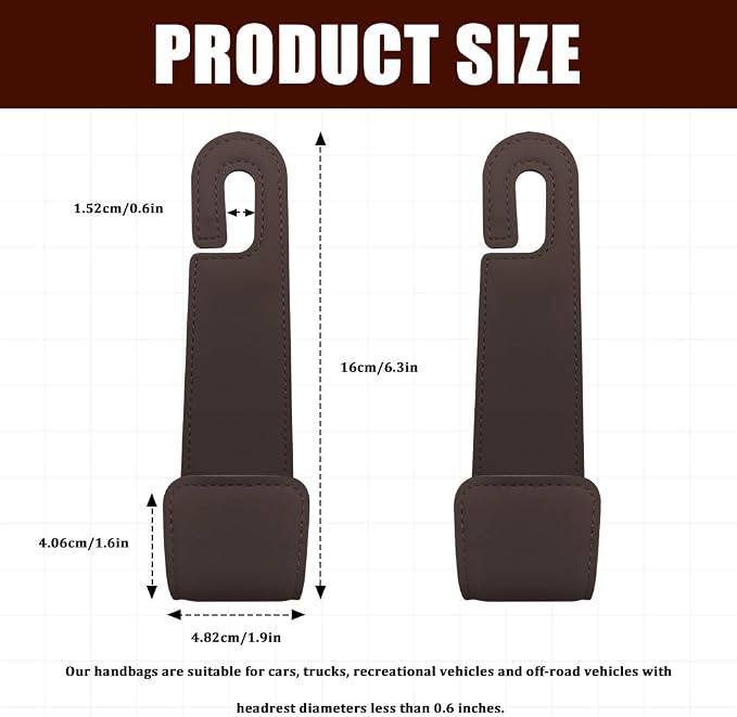 2PCS Car Seat Headrest Hooks, Purse Hook for Car, Automotive Headrest Handbags Holder, Auto Accessories Leather Seatback Organizer Hanger for Hanging Purses Bags Coats (Brown, 2PCS)
