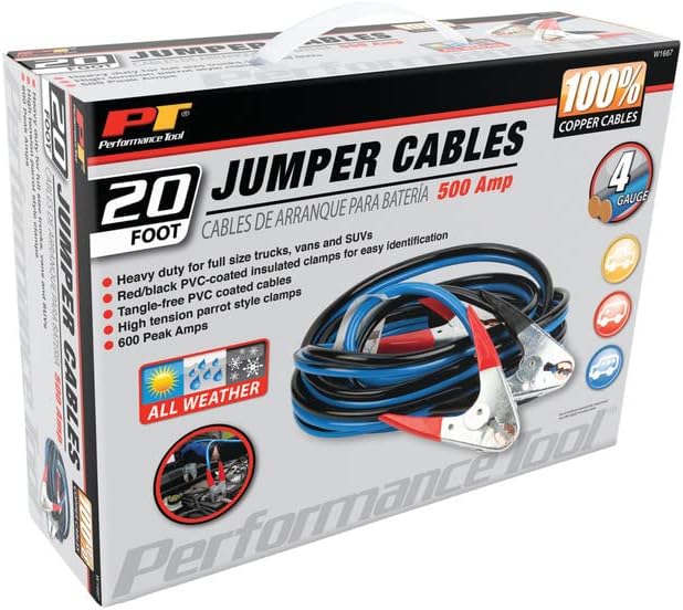 Performance Tool W1667 20' 4-Gauge 500 AMP 100% Copper All Weather Jumper Cables