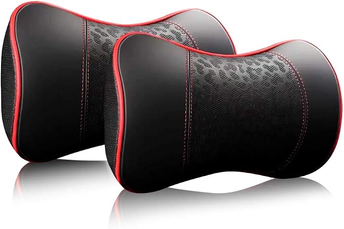 HAOTULE Car Leather Neck Pillows, Neck Rest Cushions,100% Memory Foam Cervical Support, Comfortable Travel car Seats and Home Office Soft Pillows, Red a Set (2 pcs)