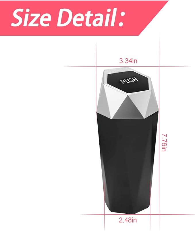 Car Trash Can with Lid, Mini Portable Auto Garbage Can, Small Leakproof Diamond Design Trash Dustbin, Waterproof Vehicle Rubbish Bins for Automotive Car, Home, Office, Kitchen, Bedroom (Silver,1)