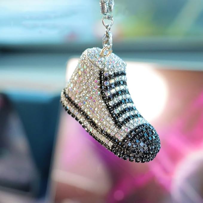 Bling Sneaker Shoe Sparkly Car Hanging Ornament, Cute Crystal Rear View Mirror Pendant, Diamond Rearview Mirror Charms, Lucky Car Interior Decor Accessories (White)