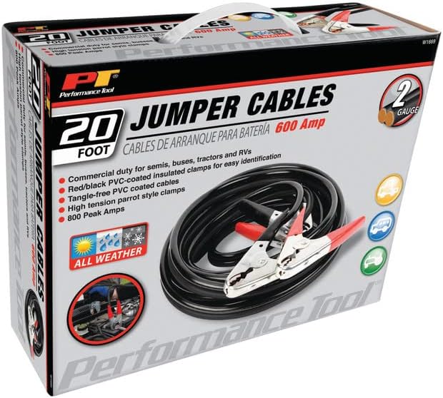 Performance Tool W1669 20' Commercial Duty 2-Gauge 800 PEAK AMP All Weather Jumper Cables for Tractors, Semis, Buses, and RVs