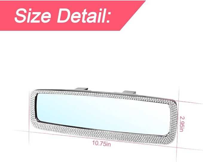 Bling Car Rear View Mirror, Rhinestones Crystal Clip-on Rearview Mirror with HD Glass, Compatible with Most Cars, SUVs, Vehicles, Auto Interior Accessories for Women Girl (White)