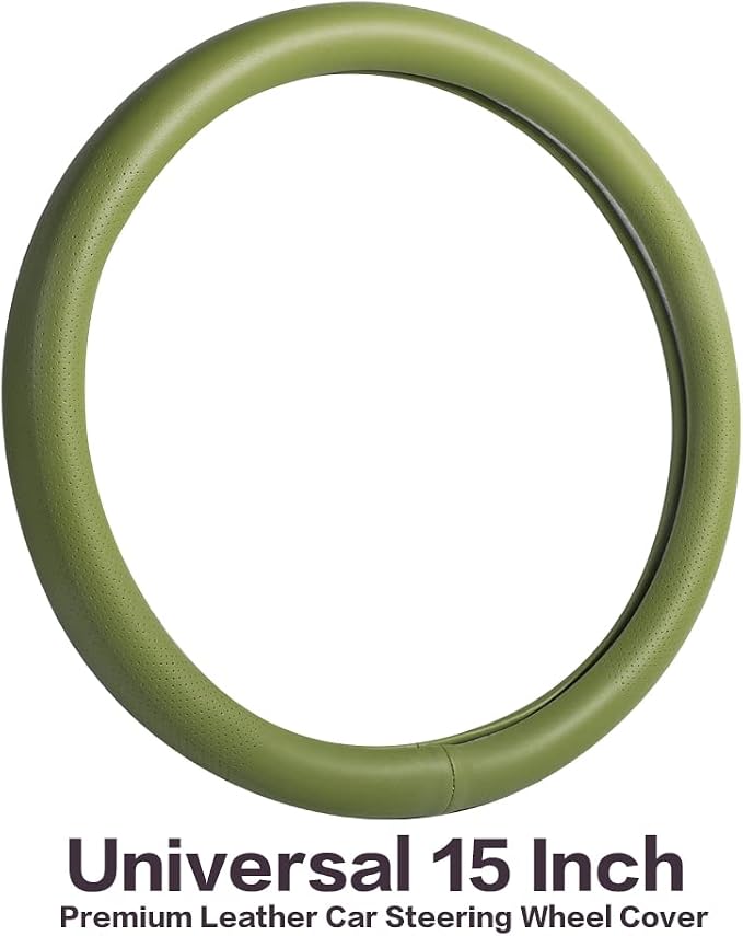 Car Steering Wheel Cover,Universal 15 Inch Premium Leather Car Steering Wheel Cover,Best Grip,Perforated Design,Breathable,Non-Slip,Sweat-Absorbent,Warm in Winter and Cool in Summer (Green)