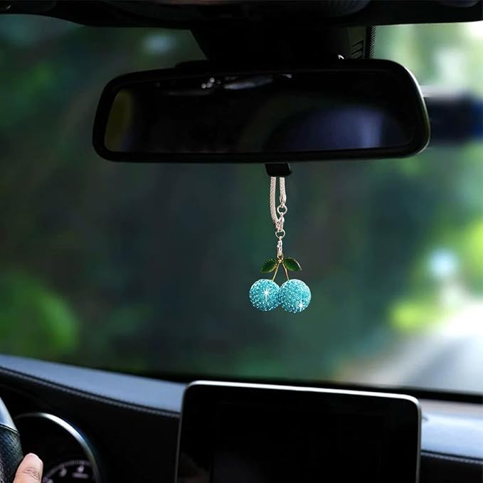 Bling Cherry Car Hanging Ornament, Cute Crystal Rear View Mirror Pendant, Sparkly Diamond Rearview Mirror Charms, Lucky Car Interior Decor Accessories (Blue)