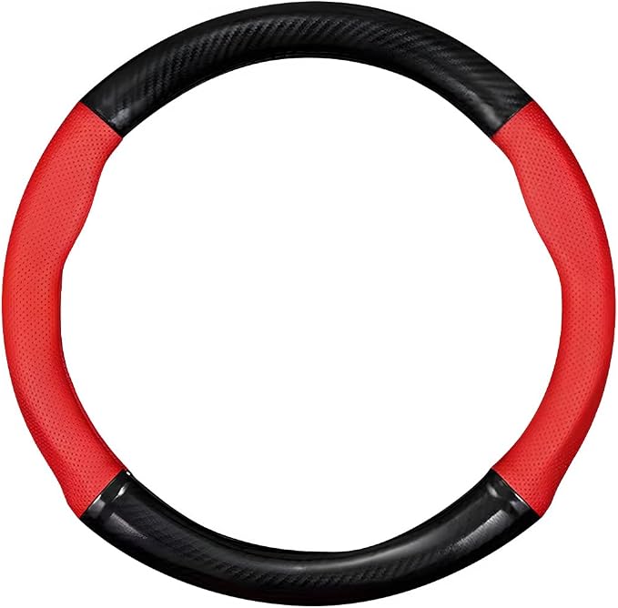 Car Breathable Steering Wheel Cover, Carbon Fiber Wear-Resistant Steering Wheel Protector for Comfy Grip, Universal Non-Slip Leather Wheel Sleeve for Most Car SUV Truck (Red)