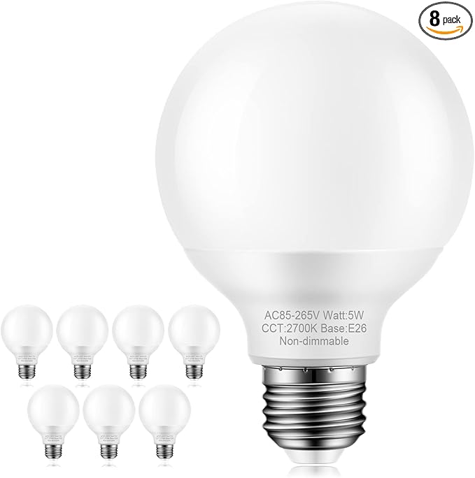 8 Pack Warm White Bathroom Light Bulbs, 60 watt Equivalent, E26 Medium Base, G25 LED Globe Light Bulbs for Bathroom Vanity, 2700K Round Light Bulb Over Mirror, 120V, Non-dimmable