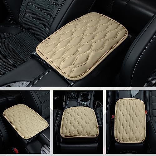 Amiss Car Center Console Cover, Upgraded Leather Car Armrest Cushion, Universal Waterproof Cushion Pad, Non-Slip Car Interior Accessories, Fits Most Sedans SUVs Trucks (Beige)