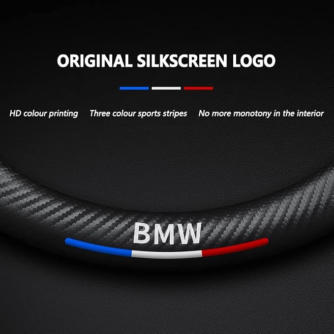 Steering Wheel Cover Compatible with BMW, Nappa Leather&Carbon Fiber Texture Steering Wheel Cover, 14.5-15 Inch Diameter with 2 Coasters and USB Fast Charging Cable (Red)