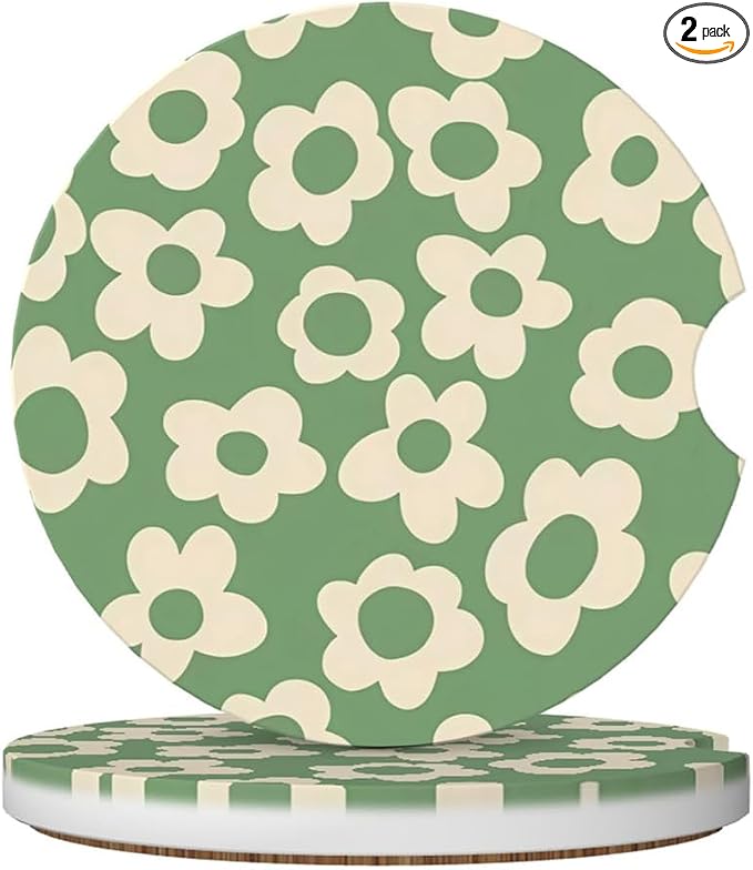 Ceramic Car Cup Coasters 2PCS - Kawaii Flower | with Cork Back & Finger Slot, Anti-Slip Shock Absorbing, Universal Car Interior Accessories for Men Women