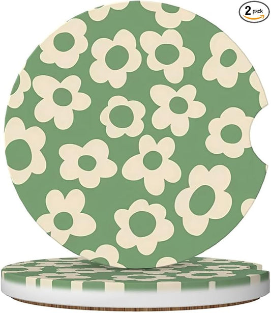 Ceramic Car Cup Coasters 2PCS - Kawaii Flower | with Cork Back & Finger Slot, Anti-Slip Shock Absorbing, Universal Car Interior Accessories for Men Women