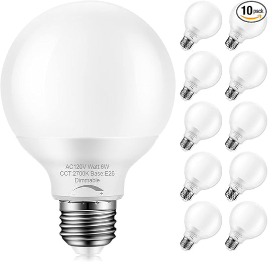 10-Pack Dimmable G25 Globe Light Bulbs LED, 6W=40W Replacement, Warm White 2700K, E26 Medium Base, Ideal for Bathroom Vanity, Makeup Mirror or Sputnik Light, 120V, Round Light Bulbs