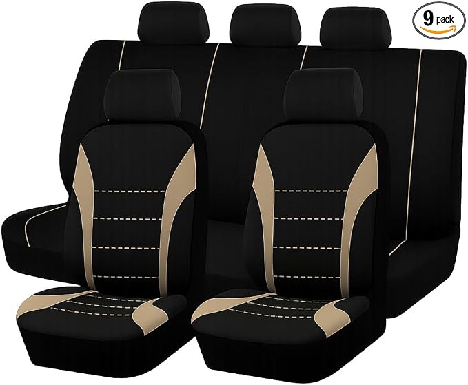 Car Seat Cover Full Set, Fashion Soft Sponge Vehicle Front and Rear Split Bench with Removable Headrest Cover, Breathable Auto Seat Protector, Universal for Truck SUV Sedan (Beige/Black)