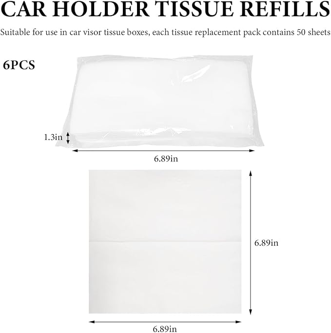 6PCS Car Tissue Refills, 50 Sheets 3-Ply Super Soft Facial Tissues for Auto Visor Tissue Holder, Smooth Comfortable Travel Tissue Refills Sun Visor Tissue Box Filler for Car