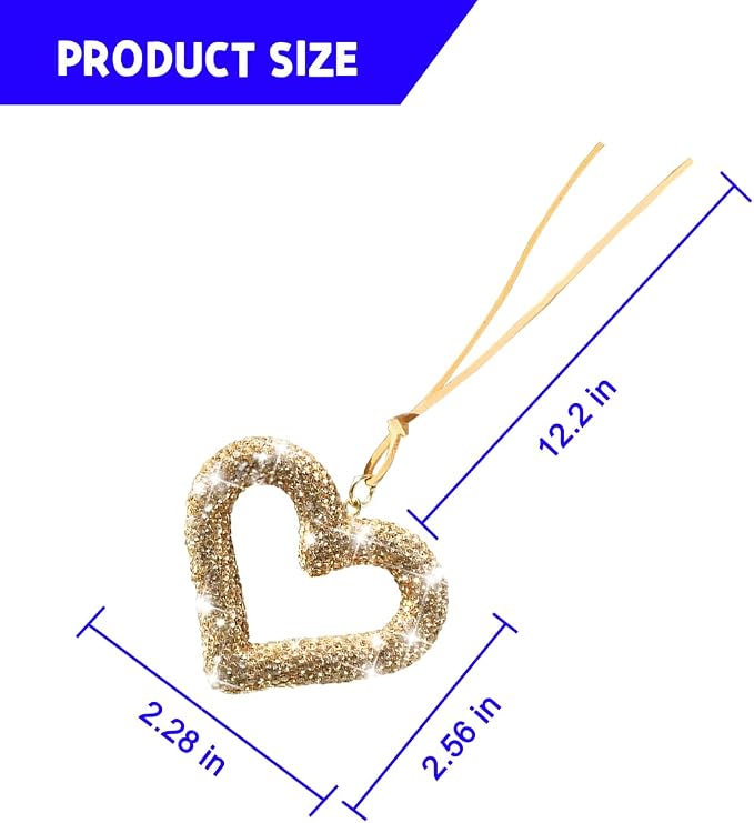 Mandark Bling Heart Car Hanging Accessories, Crystal Rhinestone Vehicle Rear View Mirror Charm Pendant Ornaments, Cute Diamond Auto Interior Hanger Decoration for Women Girls（Golden）
