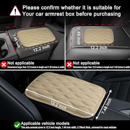 Amiss Car Center Console Cover, Upgraded Leather Car Armrest Cushion, Universal Waterproof Cushion Pad, Non-Slip Car Interior Accessories, Fits Most Sedans SUVs Trucks (Beige)