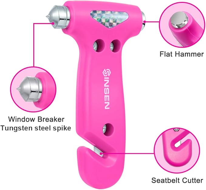 SINSEN Car Safety Hammer, Automotive Window Breaker and Seatbelt Cutter for Women, Roadside Emergency Kit, 3 in 1 Escape Tools, Road Trip Essential and Must Haves (1, Pink)