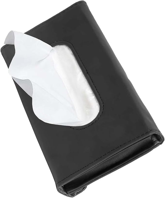 Car Tissue Holder, Premium PU Leather Sun Visor Napkin Holder, Universal Sun Visor Mount Tissue Box for SUV Truck Vehicle Interior, Easy to Use (Black)