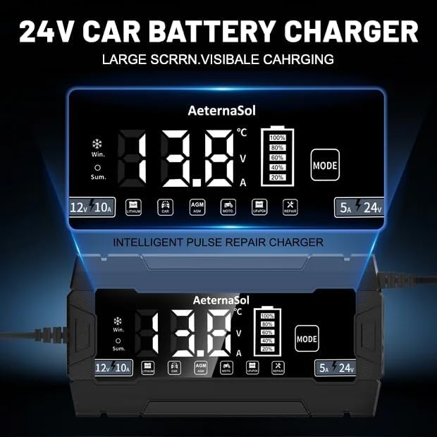 10A Smart Battery Charger 12V/24V, 10-Stage Car Battery Charger Automotive, Trickle Charger Maintainer with Pulse Repair for Truck, Motorcycle, Battery Desulfator with Temperature Compensation (Black)