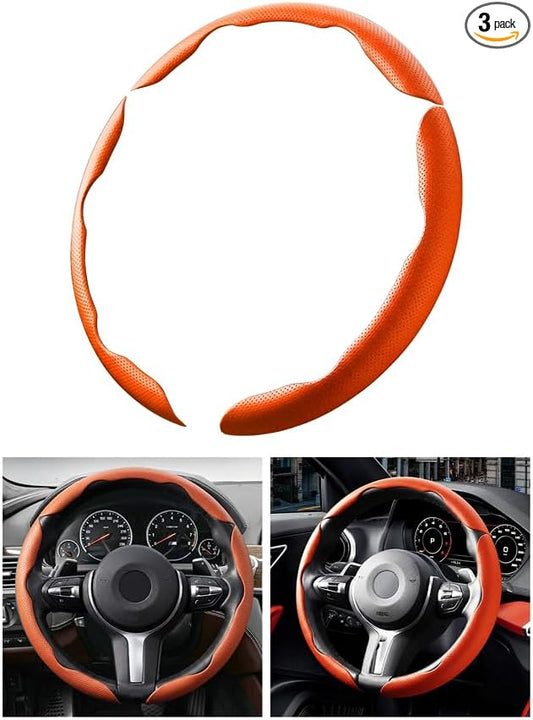 3PCS Car Steering Wheel Cover, 14.5-15" Breathable Nappa Leather Segmented Steering Wheel Protector with Non-Slip Grip, Stylish Auto Interior Decor Accessories, Universal for Vehicles (Orange)