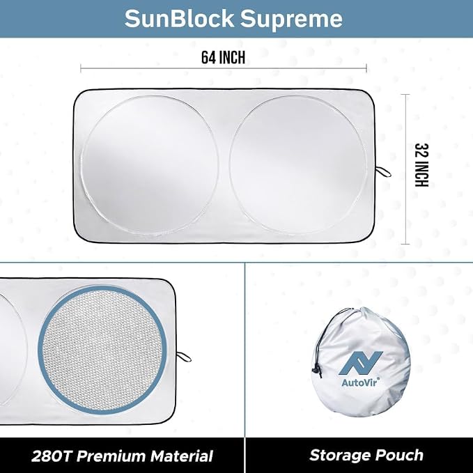 Autovir Windshield Sun Shade, Foldable Car Window Shades, 280T Visor Shade