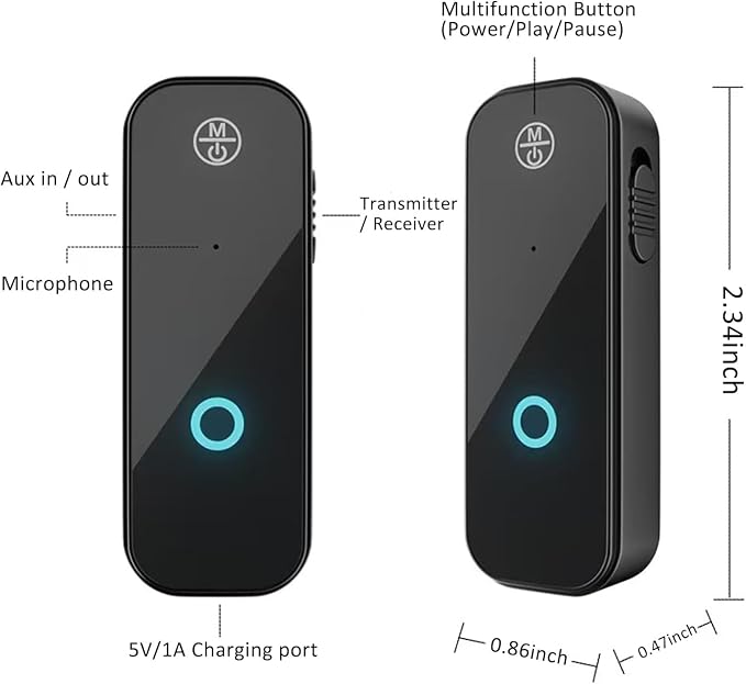 PWireless Bluetooth AUX Adpater for Car, 2 in 1 Bluetooth 5.0 Transmitter Receiver, 3.5mm Aux Audio Adapter, Wireless Audio Receiver for for Cars, Speakers, Stereo Systems and Headphones