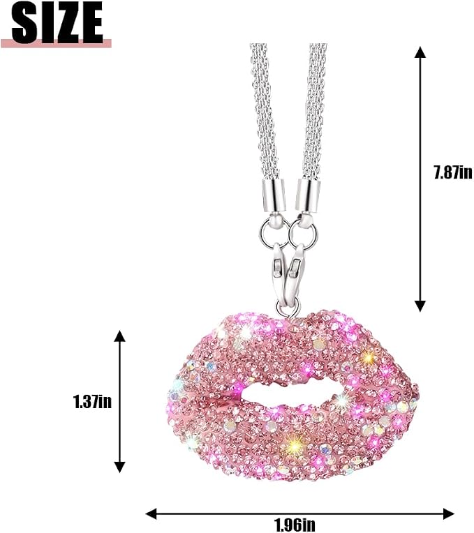 Bittwee Bling Lip Diamond Car Hanging, Crystal Rinestones Auto Rear View Mirror Charms Ornament, Lucky Vehicle Interior Pendant Decoration Accessories, Universal for SUV Sedan Truck(Pink)