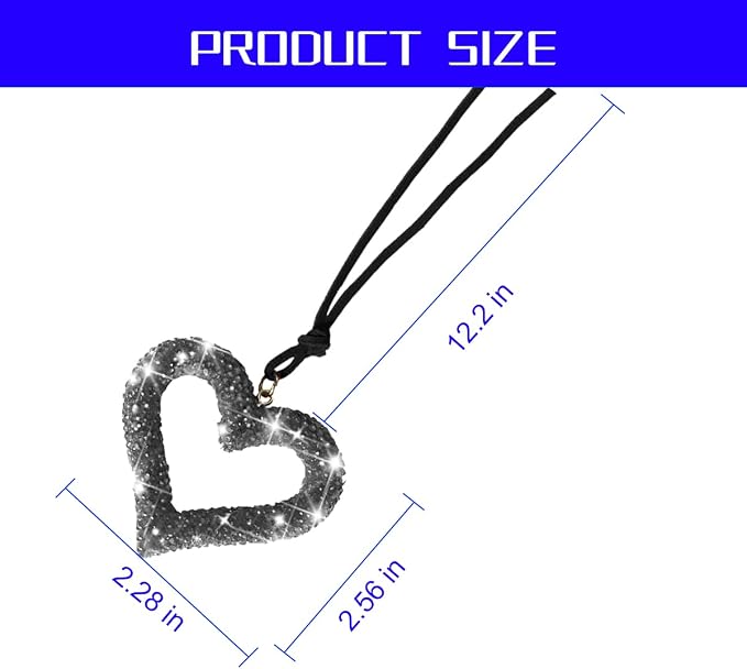 Mandark Bling Heart Car Hanging Accessories, Crystal Rhinestone Vehicle Rear View Mirror Charm Pendant Ornaments, Cute Diamond Auto Interior Hanger Decoration for Women Girls（Light Black）