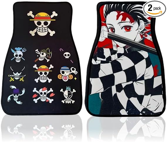 Anime Car Carpet Mat Set of 2 Front Design Automotive Accessories Interior All Weather Floor Mats Decor with Non Slip Black Anti Skid Backing (BlackOpXTanjroo)