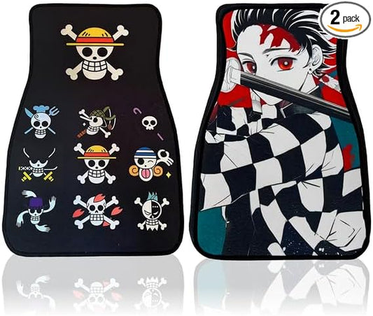 Anime Car Carpet Mat Set of 2 Front Design Automotive Accessories Interior All Weather Floor Mats Decor with Non Slip Black Anti Skid Backing (BlackOpXTanjroo)