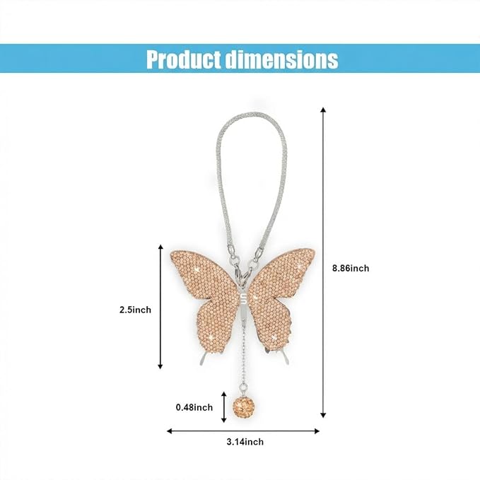 JOYCOURT Bling Butterfly Diamond Car Hanging Accessories for Women, Peach | Crystal Butterfly Rear View Mirror Luck Car Decoration Accessories, Valentine's Day Presents Ornament Pendant for All Cars