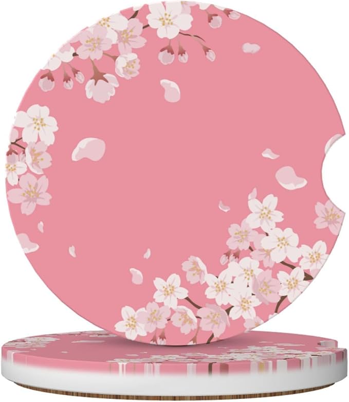 Pink Cherry Blossom Car Coasters for Cup Holders,2 Pack Car Cup Holder Coasters for Car,Ceramic Absorbent Car Coaster with A Finger Notch and Cork Base,Car Interior Accessories for Women Men